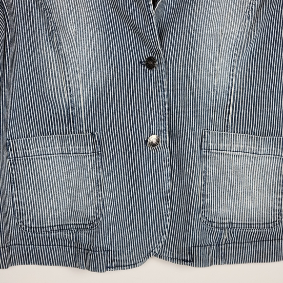 Per Se Pinstripe Distressed Cotton Blazer With Contrasting Cuff Print, EUC, szXL - Picture 3 of 10